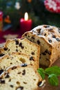 Sliced fruitcake with raisins and mint leaf on chr