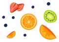 Sliced fruits collection with oranges, kiwi, strawberries. Juicy citrus and fresh berries design elements. Healthy Royalty Free Stock Photo