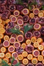 Oranges and pomegranates are sliced for juice Royalty Free Stock Photo