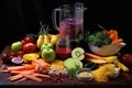 sliced fruits and vegetables next to food processor Royalty Free Stock Photo