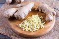 Sliced ginger root on a cutting board Royalty Free Stock Photo