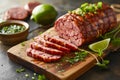 Sliced Gourmet Smoked Sausage on Wooden Board with Lime and Parsley, Artisan Meat Delicacy Concept Royalty Free Stock Photo