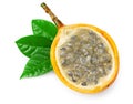 Sliced granadilla or yellow passion fruit with green leaves isolated on white background. exotic fruit. clipping path Royalty Free Stock Photo