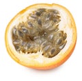 sliced granadilla or yellow passion fruit isolated on white background. exotic fruit. full depth of field Royalty Free Stock Photo