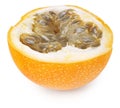 sliced granadilla or yellow passion fruit isolated on white background. exotic fruit. full depth of field Royalty Free Stock Photo
