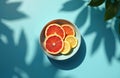 Sliced grapefruit and lemon in ceramic bowl. Blue surface, leaf shadows, natural sunlight create bright, refreshing summer scene. Royalty Free Stock Photo