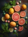 Sliced grapefruits and mint on a dark background