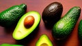 Sliced green avocados on the table. Avocado halves with a stone close-up. Generated AI.