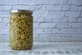 sliced green olives in a glass jar Royalty Free Stock Photo