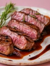 Sliced Grilled Beef Steak with Rosemary and Balsamic Sauce on White Plate against Pink Background