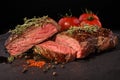 Sliced grilled beef steak with spices on slate slab