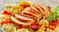 Sliced grilled chicken breasts on couscous Royalty Free Stock Photo