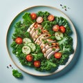 Sliced grilled chicken on kale salad with cucumbers and cherry tomatoes