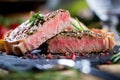 Sliced grilled meat barbecue steak Striploin with knife and fork carving set on black stone slate. Royalty Free Stock Photo