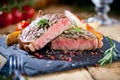 Sliced grilled meat barbecue steak Striploin with knife and fork carving set on black stone slate. Royalty Free Stock Photo