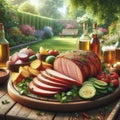 Sliced grilled meat on a flat plate placed on a wooden table in the garden 1