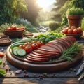 Sliced grilled meat on a flat plate placed on a wooden table in the garden 3
