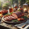 Sliced grilled meat on a flat plate placed on a wooden table in the garden 2