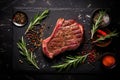 Sliced grilled meat steak with spices rosemary and pepper on black marble board