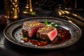 Sliced grilled medium rare beef steak served on black dish with herbs. Red meat.