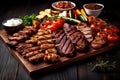 Sliced grilled medium rare beef steak served on wooden board Barbecue, bbq meat beef tenderloin. Top view, slate background Royalty Free Stock Photo