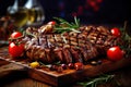 Sliced grilled medium rare beef steak served on wooden board Barbecue, bbq meat beef tenderloin. Top view, slate background Royalty Free Stock Photo