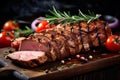 Sliced grilled medium rare beef steak served on wooden board Barbecue, bbq meat beef tenderloin. Top view, slate background Royalty Free Stock Photo