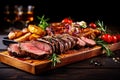 Sliced grilled medium rare beef steak served on wooden board Barbecue, bbq meat beef tenderloin. Top view, slate background Royalty Free Stock Photo