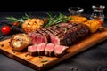 Sliced grilled medium rare beef steak served on wooden board Barbecue, bbq meat beef tenderloin. Top view, slate background Royalty Free Stock Photo