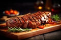 Sliced grilled medium rare beef steak served on wooden board Barbecue, bbq meat beef tenderloin. Top view, slate background Royalty Free Stock Photo