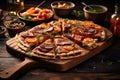 sliced grilled pizza on rustic board