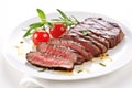 sliced grilled sirloin steak on a white plate