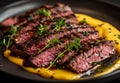 Sliced grilled steak garnished with fresh herbs on a plate