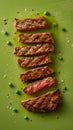 Sliced Grilled Steak on Vibrant Green Cutting Board with Seasoning and Peas Culinary Meat Cuisine