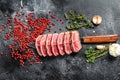 Sliced Grilled Top Blade steak. Organic beef meat. Black background. Top view