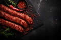 Sliced halal beef meat sausage. Dark background. Top view. Copy space