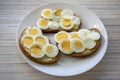 Sliced hard boiled eggs on common czech bread with butter on white plate on light wooden table Royalty Free Stock Photo