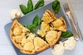 Sliced healthy cauliflower pie on the gray plate decorated with fresh basil leaves and vintage silver knife and fork Royalty Free Stock Photo