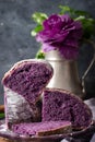 Sliced home made purple bread close up