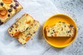 Sliced homemade Apricot Blueberry pound cake Royalty Free Stock Photo