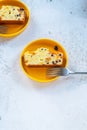 Sliced homemade Apricot Blueberry pound cake on yellow plate Royalty Free Stock Photo