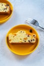 Sliced homemade Apricot Blueberry pound cake on yellow plate Royalty Free Stock Photo