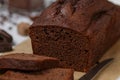 Sliced homemade chocolate banana pound cake loaf