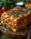 Sliced homemade lasagna with minced meat and bechamel sauce on wooden board Royalty Free Stock Photo