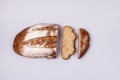 Sliced Homemade Wheat Bread are Lying on Blue Background Minimalism Top View Tasty Homemade Bread Horizontal