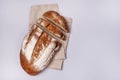 Sliced Homemade Wheat Bread are Lying on Linen Napkin Blue Background Minimalism Top View Tasty Homemade Bread Horizontal