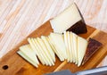 Sliced italian cured sheep cheese Pecorino