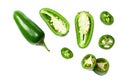 sliced jalapeno peppers isolated on white background. Green chili pepper. Capsicum annuum. top view Royalty Free Stock Photo