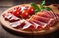 Sliced jamon on a wooden dish Royalty Free Stock Photo