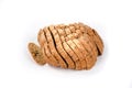 Sliced ketogenic bread made of oatmeal and coconut flour on a white background